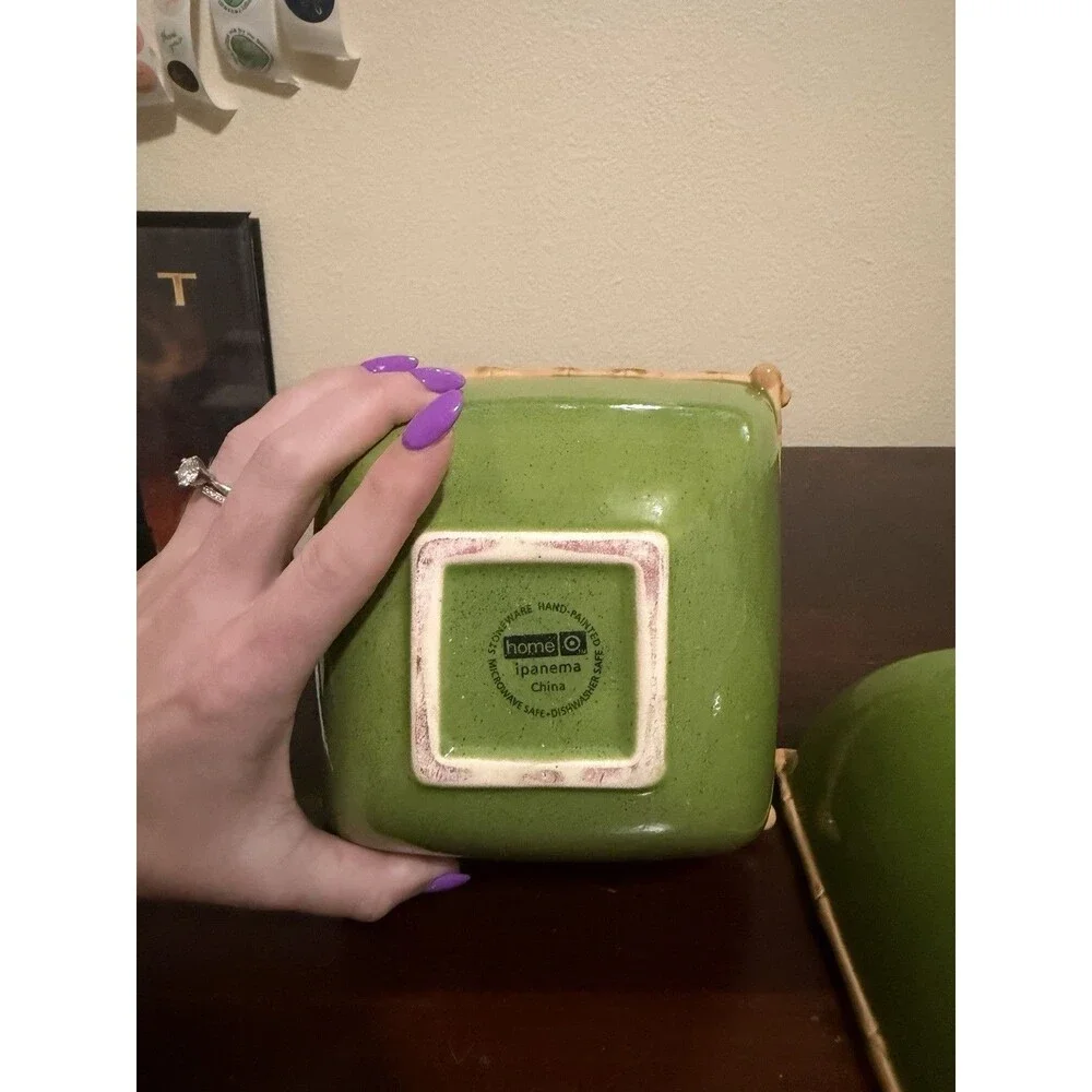 Ipanema Ceramic Bowls Green With Bamboo Trim Set Of 2